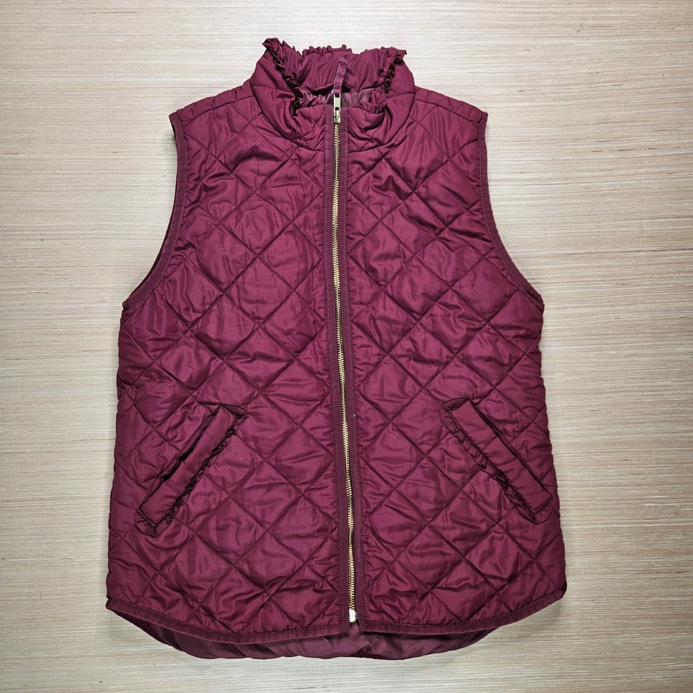 J‎ Crew Mercantile Ruffle Quilted Vest Womens S Burgundy Neck Zip Up J6869 FA18 - Picture 2 of 11